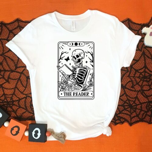 The Reader Tarot Card Halloween Skeleton Librarian Shirt Witchy Bookish Mystical Literature Apparel image 0