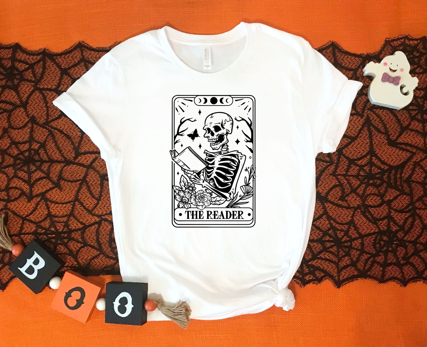 The Reader Tarot Card Halloween Skeleton Librarian Shirt Witchy Bookish Mystical Literature Apparel image 0