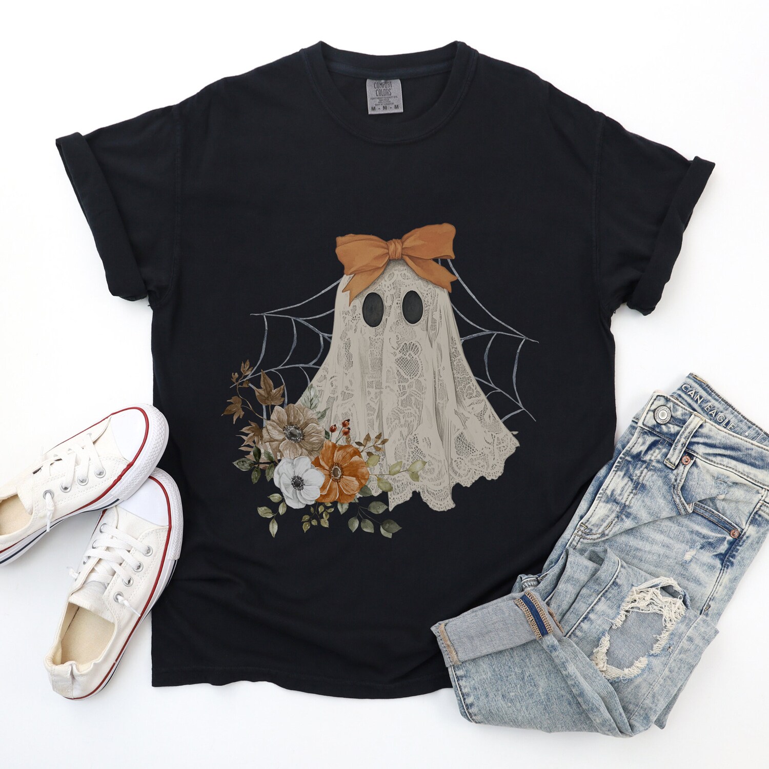 Halloween Lace Ghost T-Shirt | Spooky Coquette Girly Ghost Tee with Orange Bow | Spooky Season Top image 3