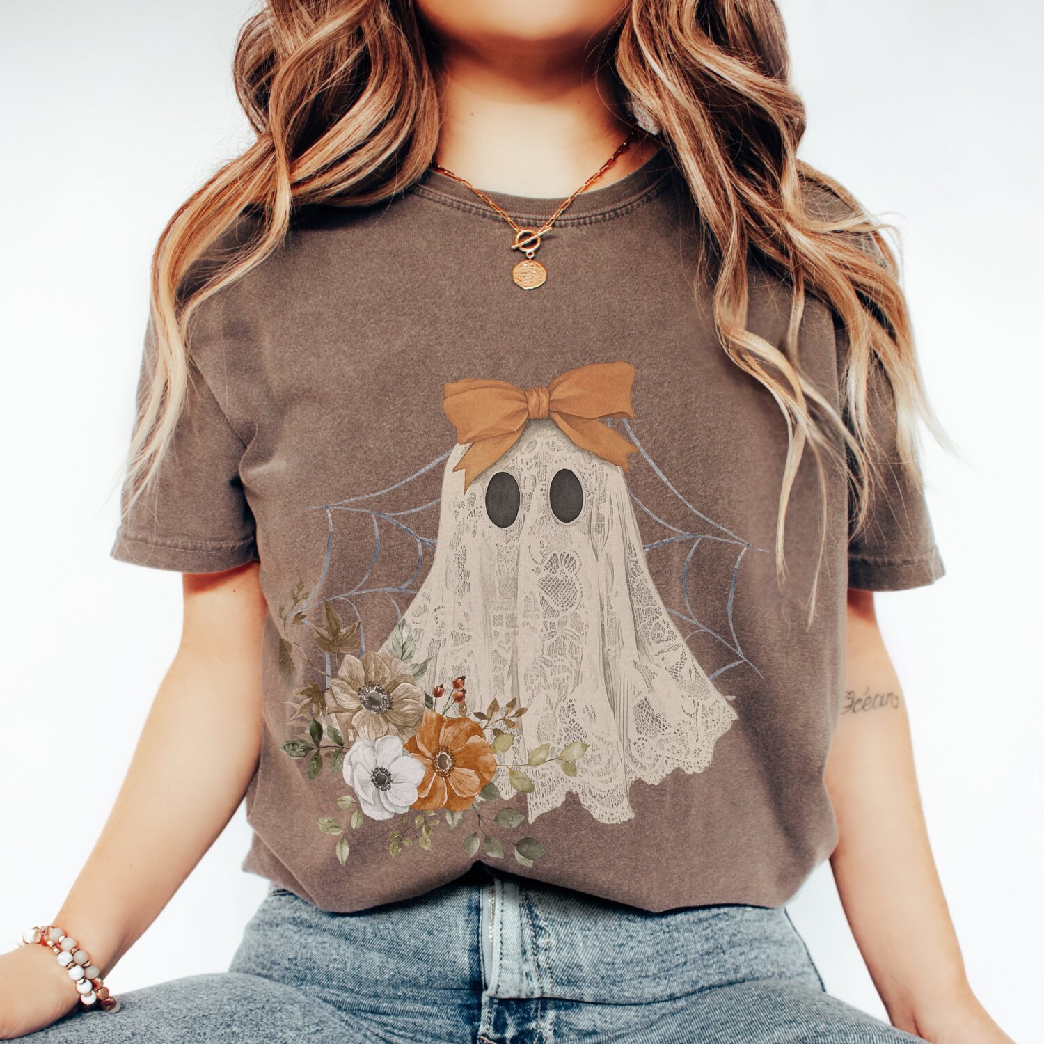 Halloween Lace Ghost T-Shirt | Spooky Coquette Girly Ghost Tee with Orange Bow | Spooky Season Top image 2