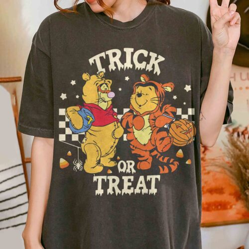 Retro Trick or Treat Pooh and Tigger Shirt Halloween Tee Winnie The Pooh Halloween Shirt for Kids image 0