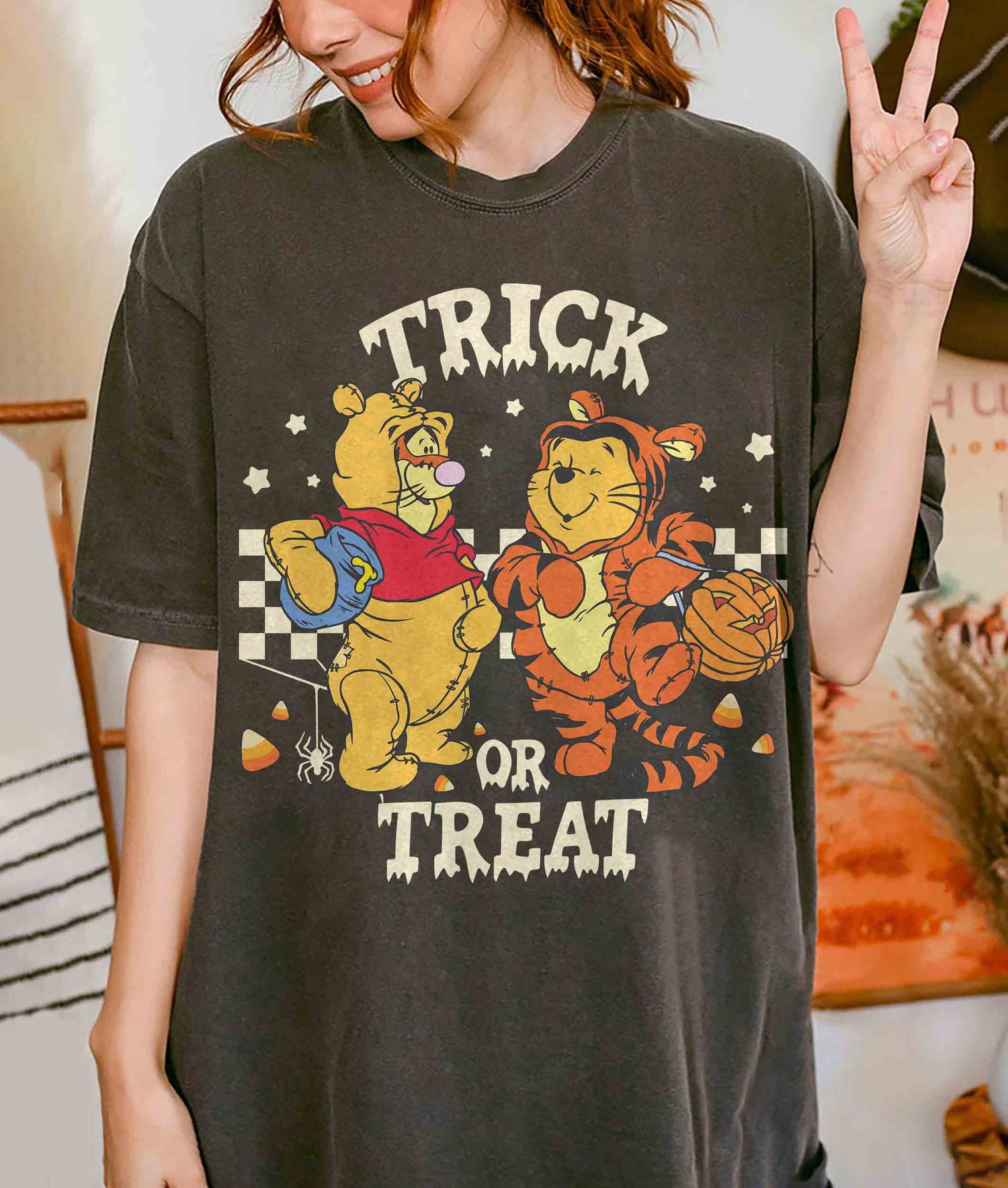 Retro Trick or Treat Pooh and Tigger Shirt Halloween Tee Winnie The Pooh Halloween Shirt for Kids image 0