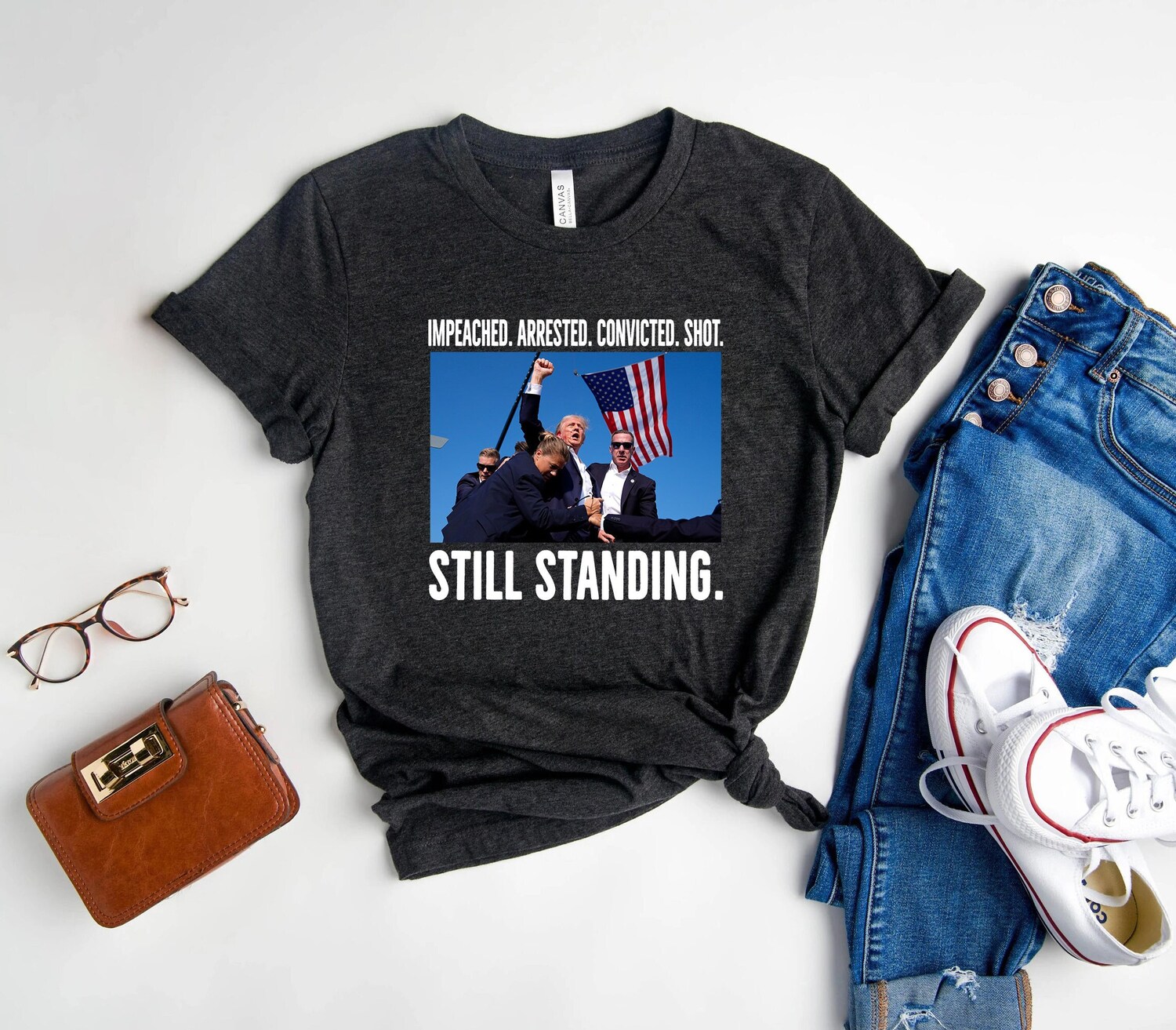 Trump 2024 Impeached Arrested Convicted Still Standing Shirt | Republican Rally Tee image 0