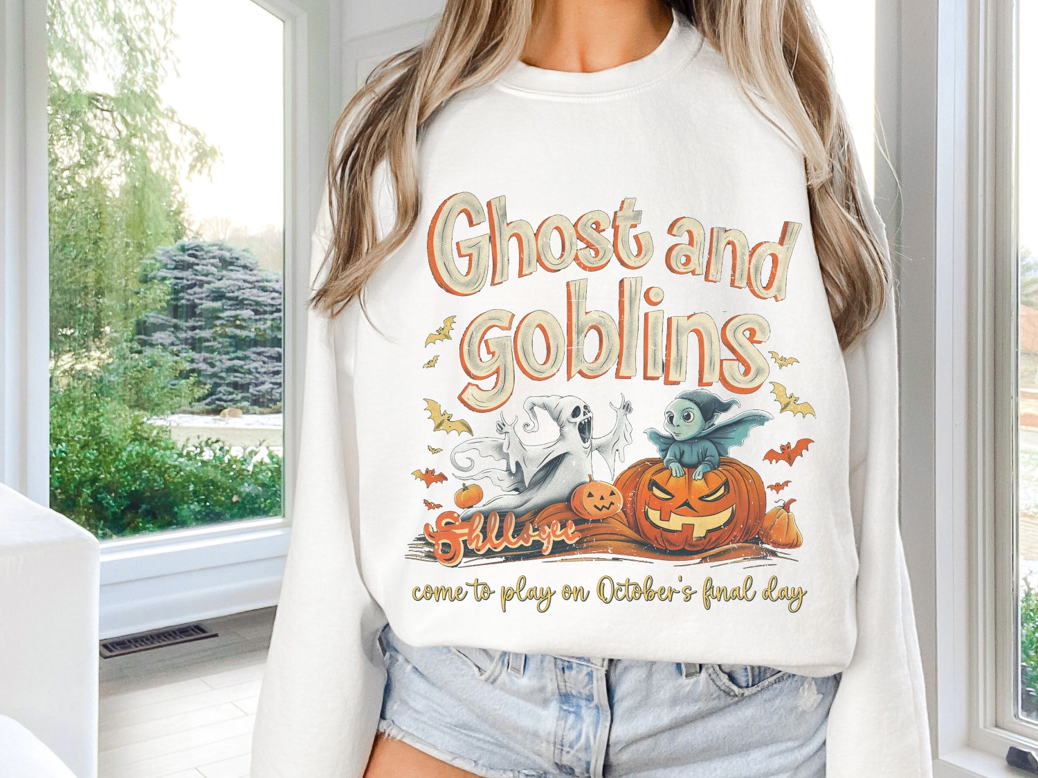 Vintage Retro Halloween Sweatshirt | Ghosts & Goblins Crewneck | Fall Pumpkin Shirt image 3