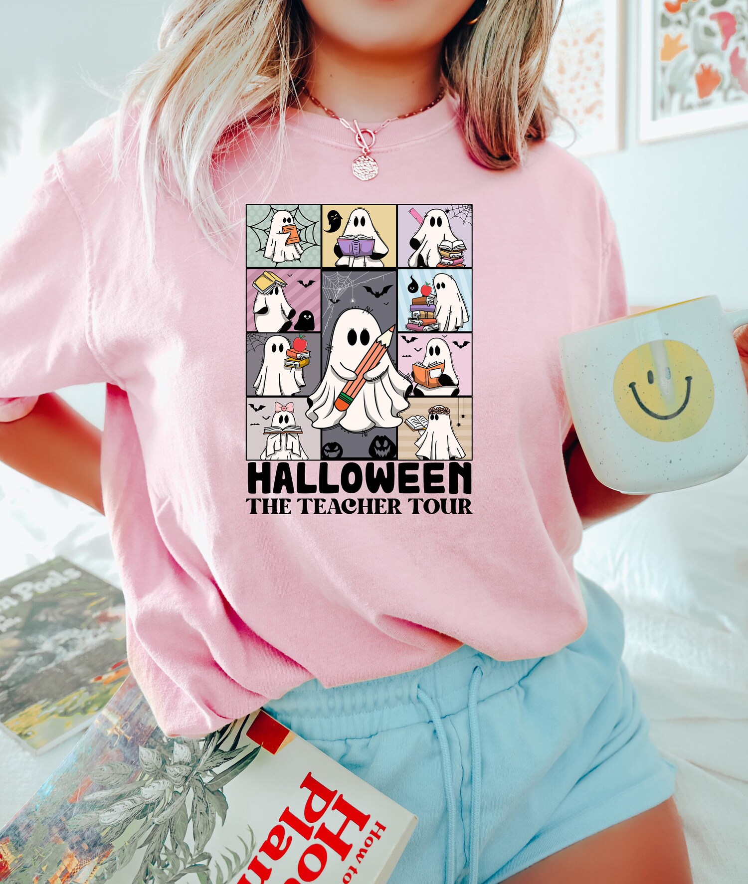 Spooky Teacher Halloween Shirt - Ghost Reading Book Design - Perfect Gift for Teachers image 2