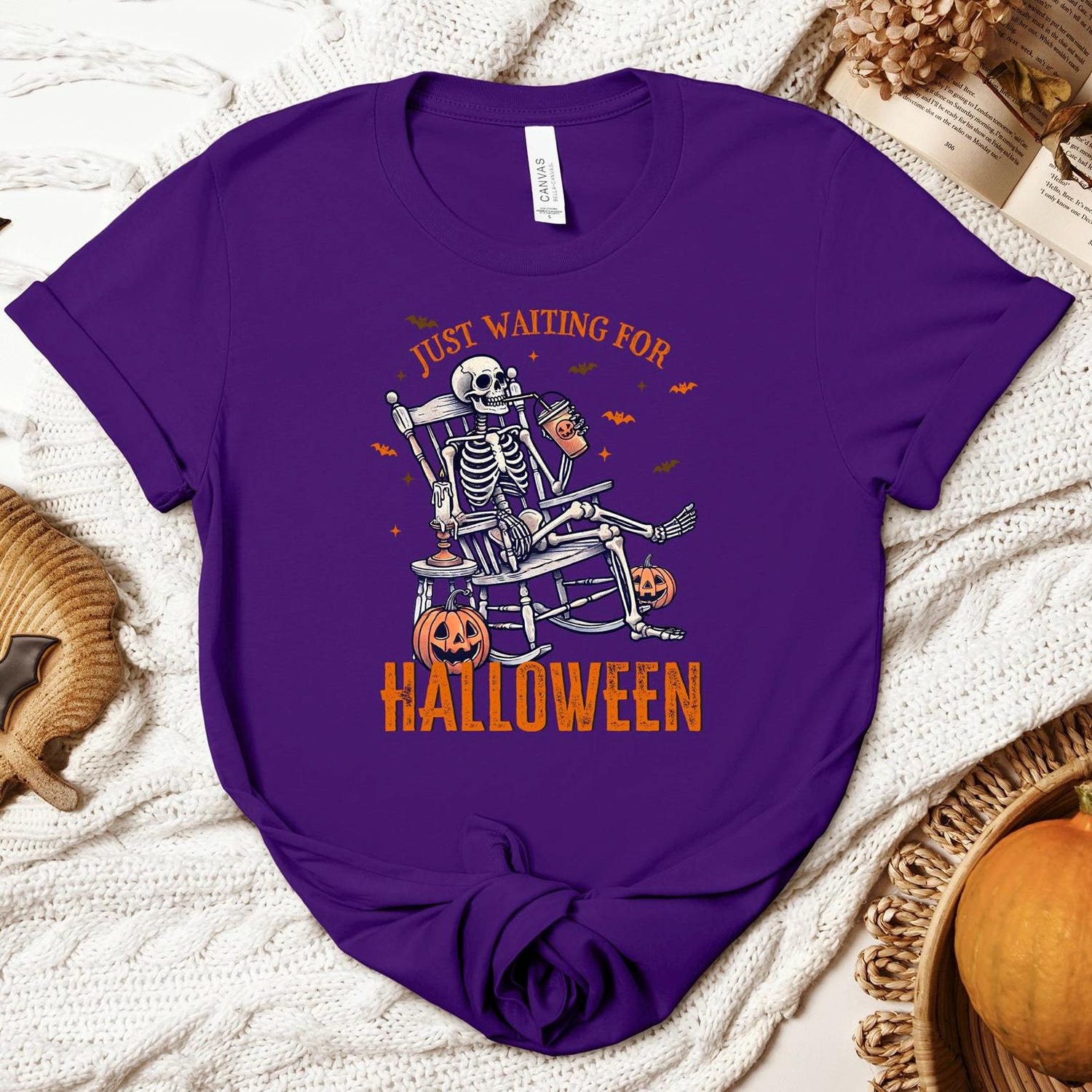 Funny Halloween Skeleton Shirt | Just Waiting For Halloween | Horror Scary Tee image 3