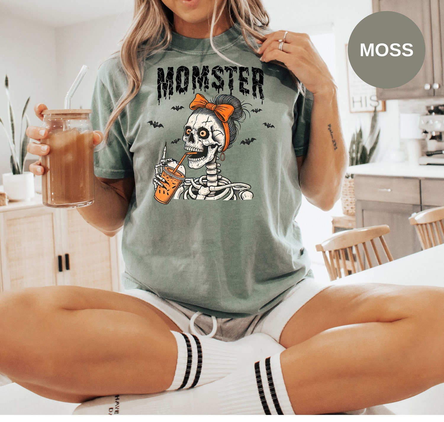 Momster Skeleton Halloween Mom T-Shirt Funny Mama Spooky Season Tee Fall Coffee Lover Gift image 3