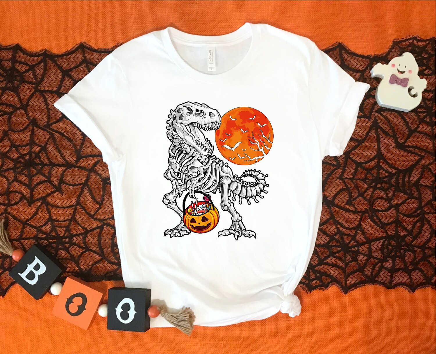 Halloween Trick Or Treat Dinosaur Shirt | Funny T-Rex Pumpkin Tee | Spooky Season Costume Gift image 6