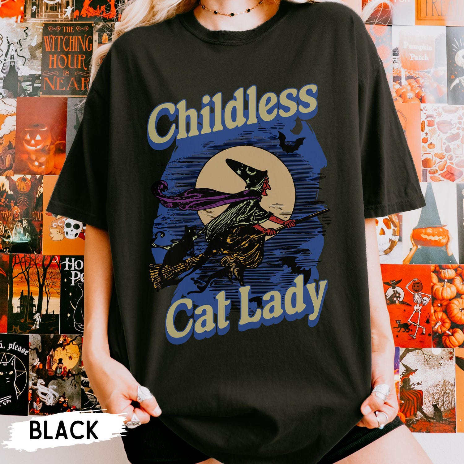 Unisex Halloween Cat Lover Shirt - Childless Cat Lady Tee with Pumpkins and Bats 2024 Election image 2