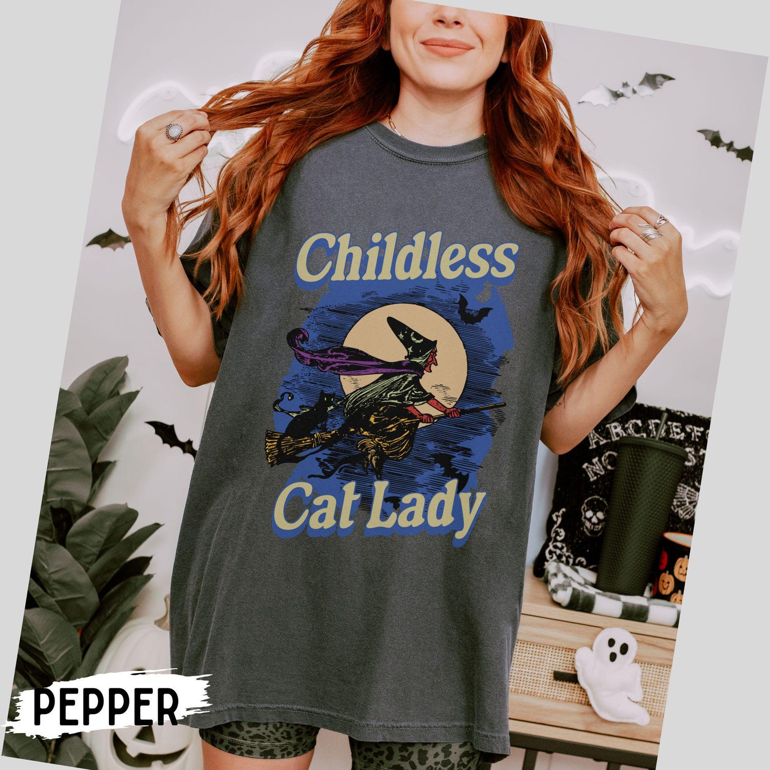 Unisex Halloween Cat Lover Shirt - Childless Cat Lady Tee with Pumpkins and Bats 2024 Election image 7