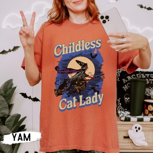 Unisex Halloween Cat Lover Shirt - Childless Cat Lady Tee with Pumpkins and Bats 2024 Election image 0