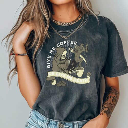 Give Me Coffee or Give Me Death Graphic Tee - Coffee Lover Skull Shirt Gift image 0