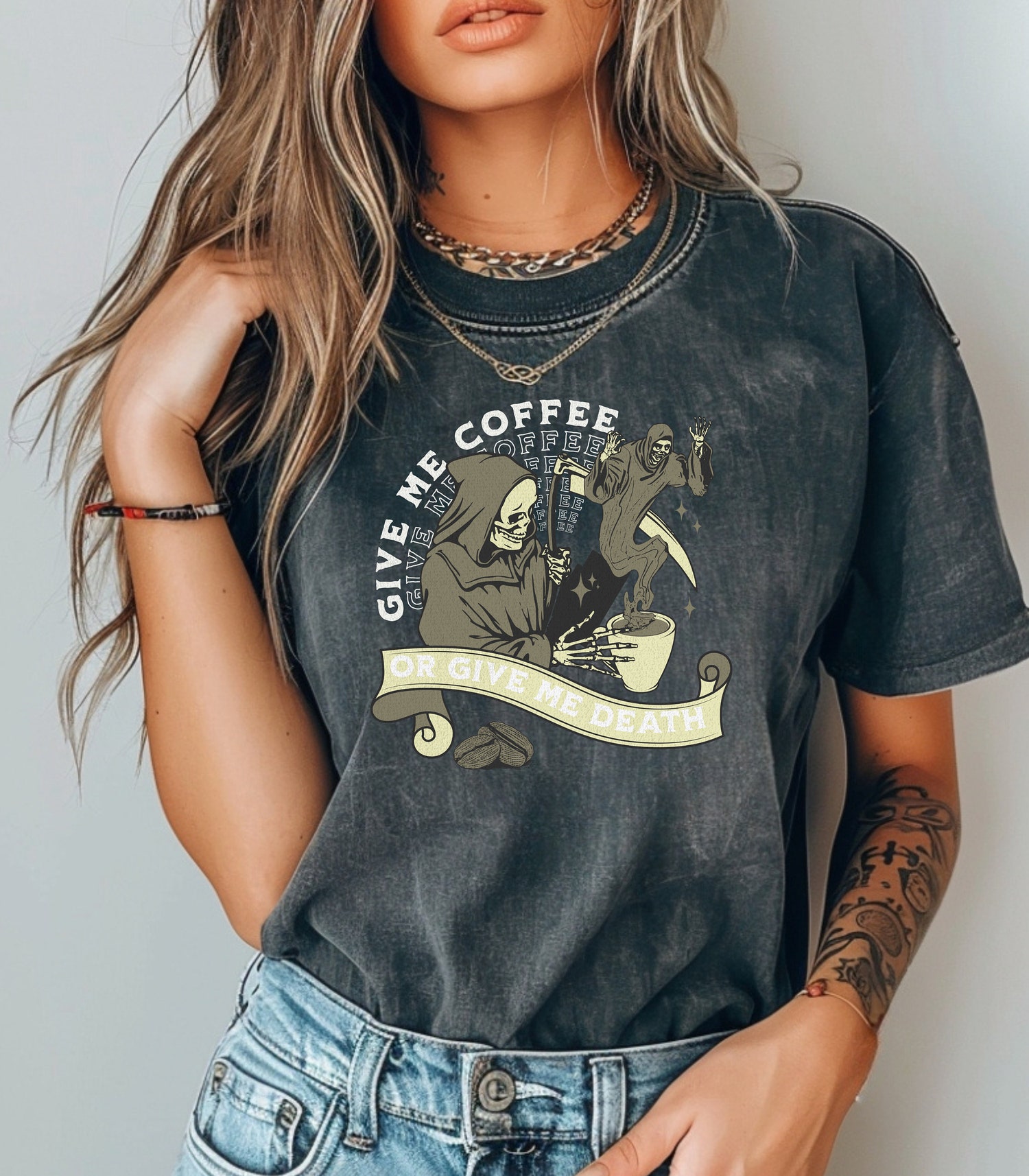 Give Me Coffee or Give Me Death Graphic Tee - Coffee Lover Skull Shirt Gift image 0