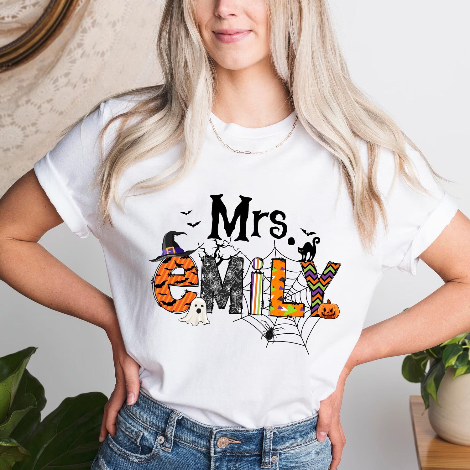 Personalized Cute Halloween Teacher Shirt | Spooky Vibes | Trick or Teach | Custom Name image 2