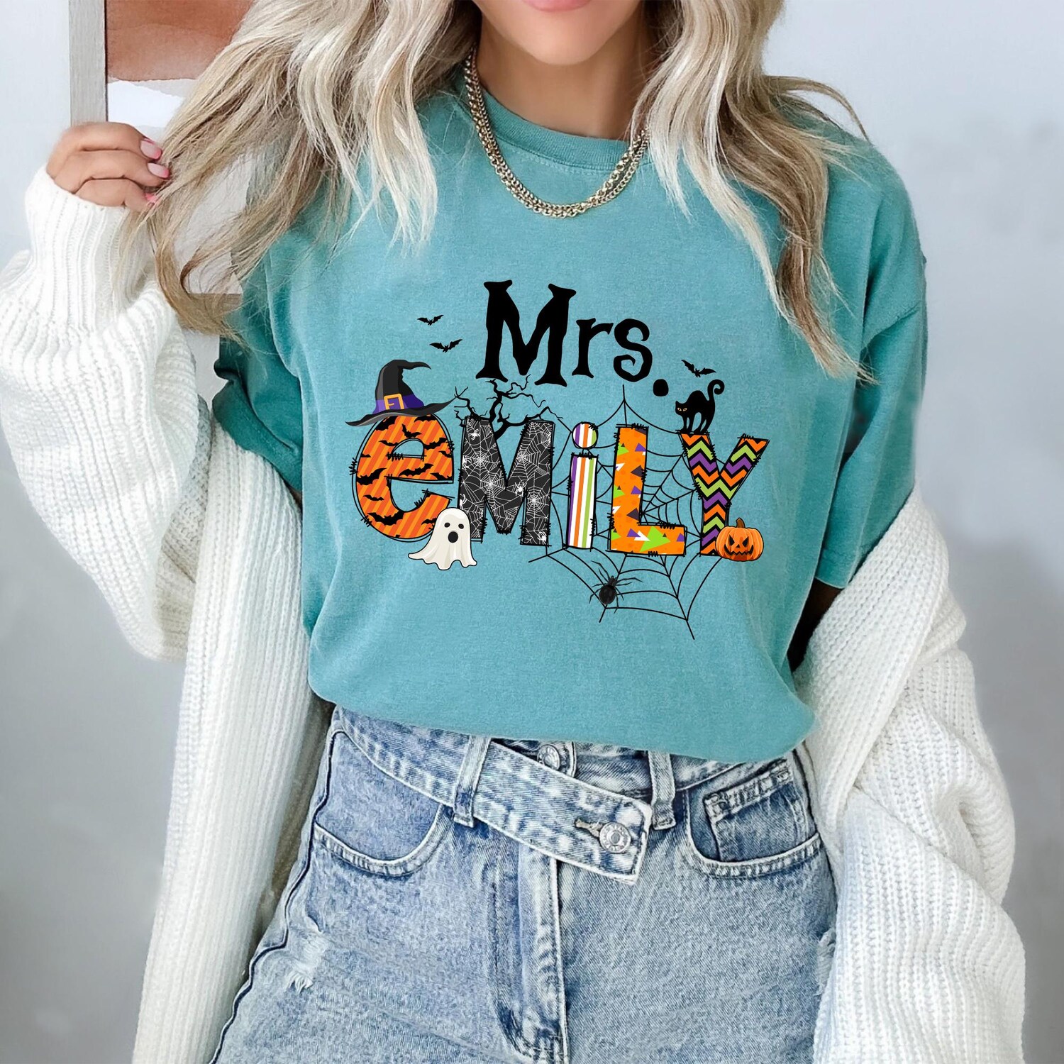 Personalized Cute Halloween Teacher Shirt | Spooky Vibes | Trick or Teach | Custom Name image 3