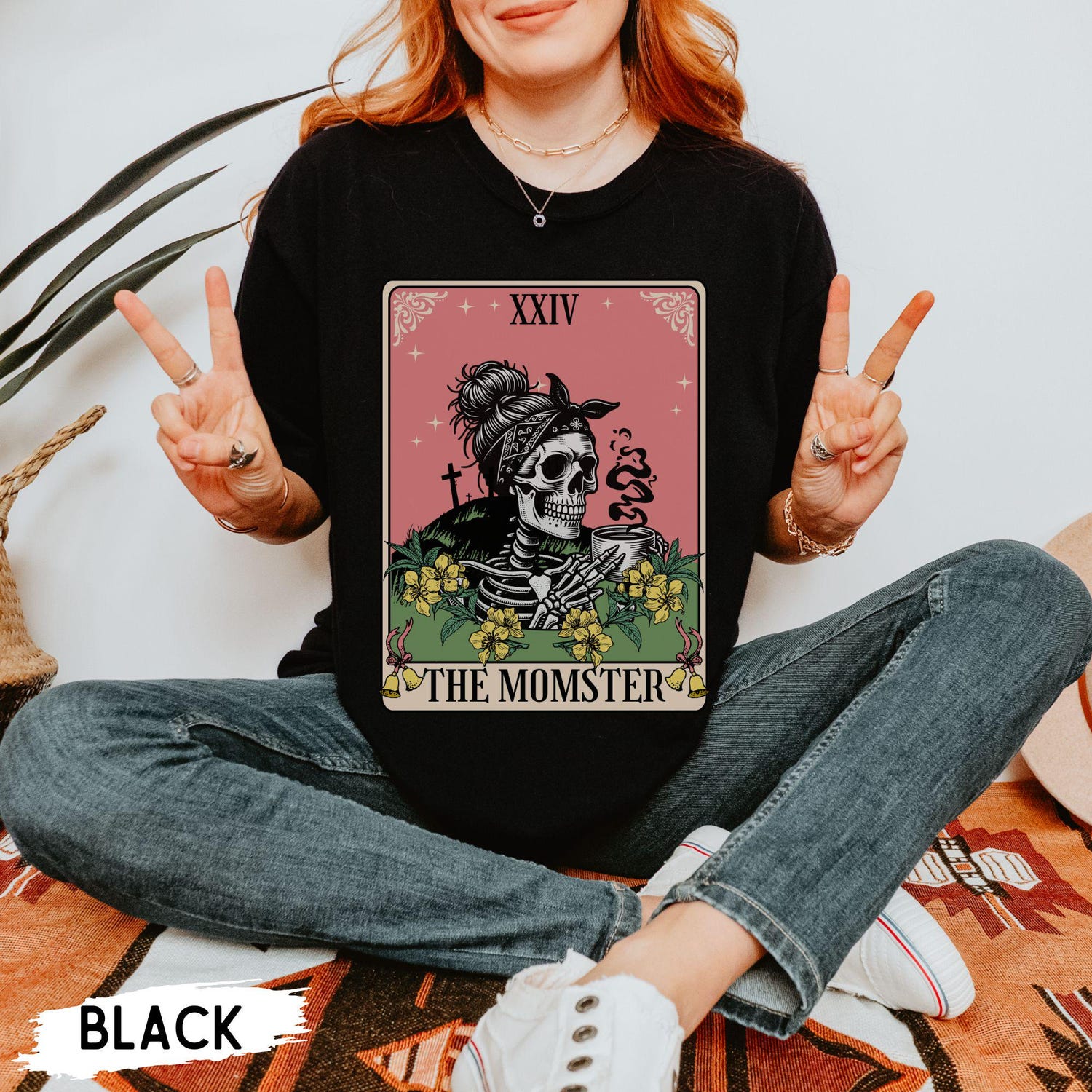 Momster Tarot Card Halloween Shirt for Moms | Funny Skeleton Coffee T-Shirt | Unisex Comfort Tee image 4