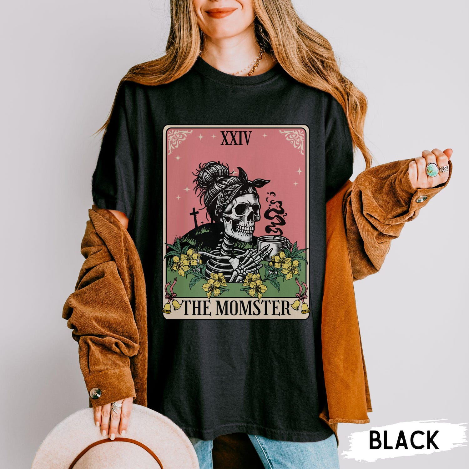 Momster Tarot Card Halloween Shirt for Moms | Funny Skeleton Coffee T-Shirt | Unisex Comfort Tee image 6