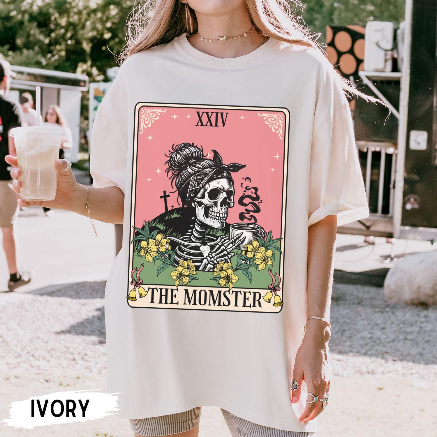 Momster Tarot Card Halloween Shirt for Moms | Funny Skeleton Coffee T-Shirt | Unisex Comfort Tee image 2