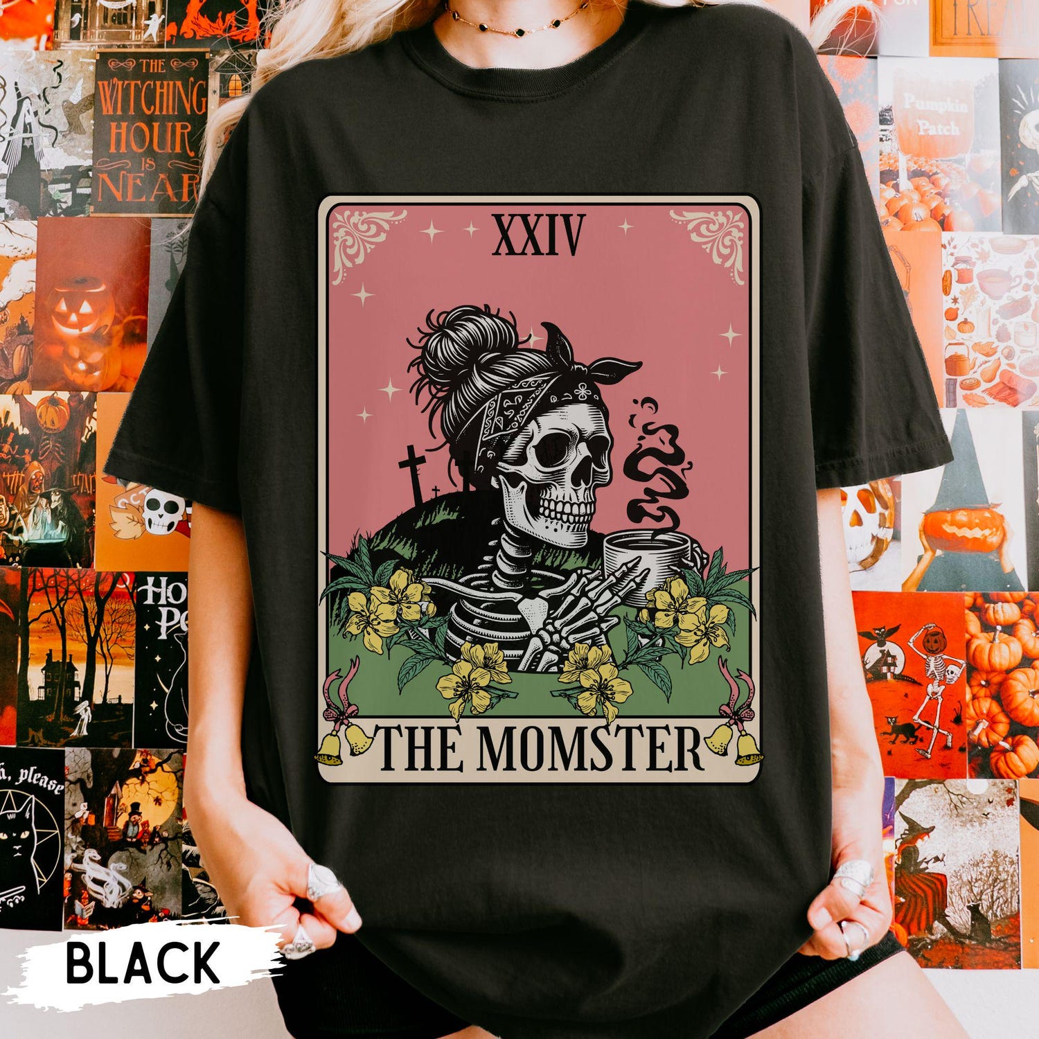 Momster Tarot Card Halloween Shirt for Moms | Funny Skeleton Coffee T-Shirt | Unisex Comfort Tee image 1