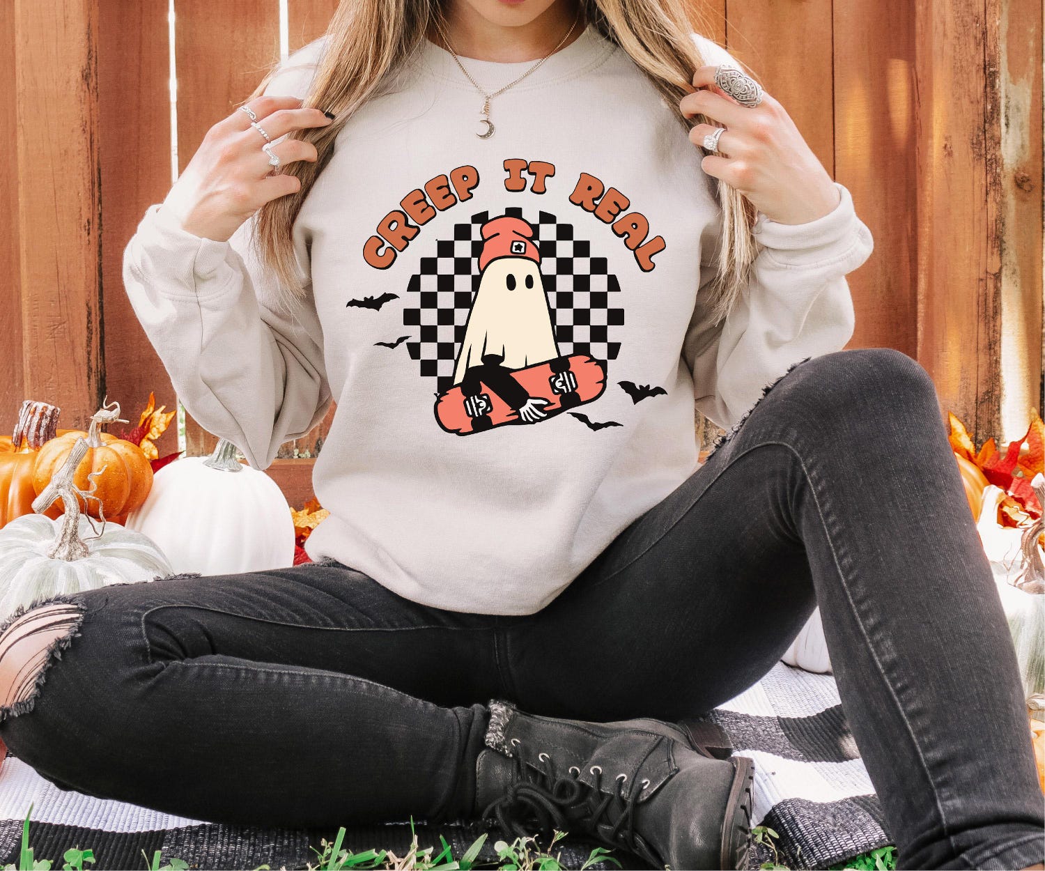 Creep It Real Retro Halloween Sweatshirt | Family Ghost Tee | Spooky Fall Costume Sweater image 1