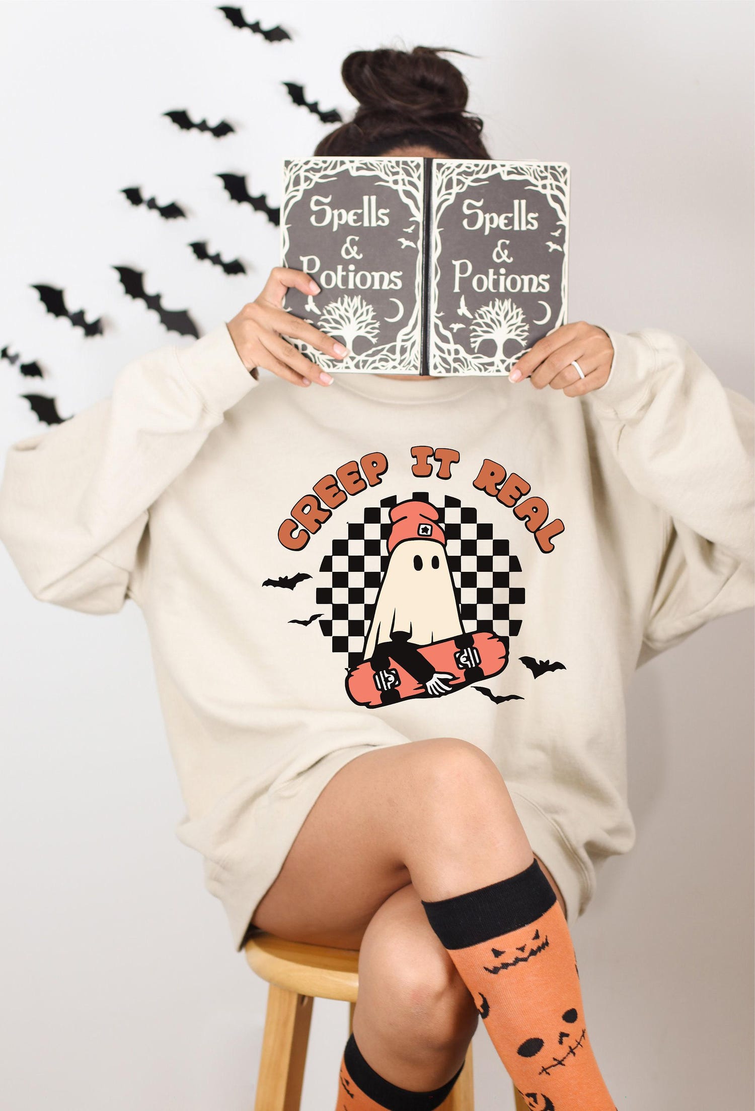 Creep It Real Retro Halloween Sweatshirt | Family Ghost Tee | Spooky Fall Costume Sweater image 5