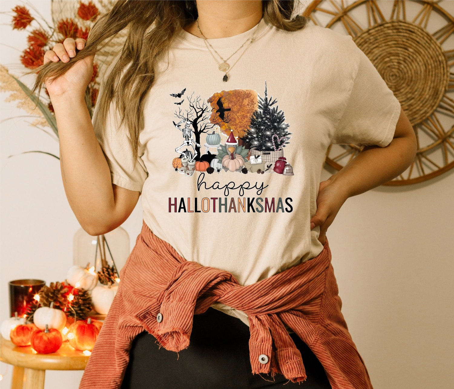 Happy Hallothanksmas Shirt - Funny Halloween Thanksgiving Christmas Tee - Family Holiday Gift image 1