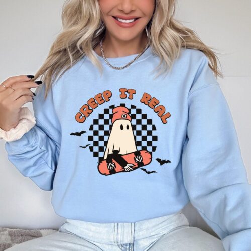 Creep It Real Retro Halloween Sweatshirt | Family Ghost Tee | Spooky Fall Costume Sweater image 0