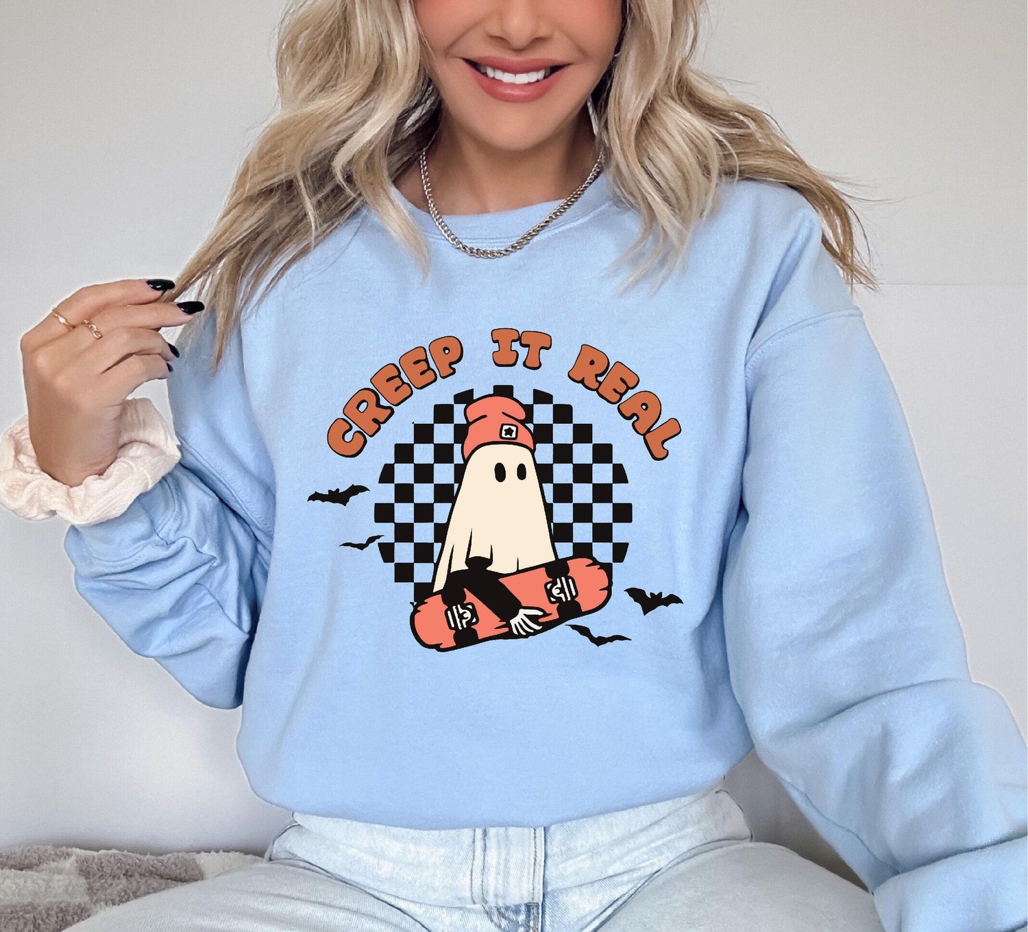 Creep It Real Retro Halloween Sweatshirt | Family Ghost Tee | Spooky Fall Costume Sweater image 0
