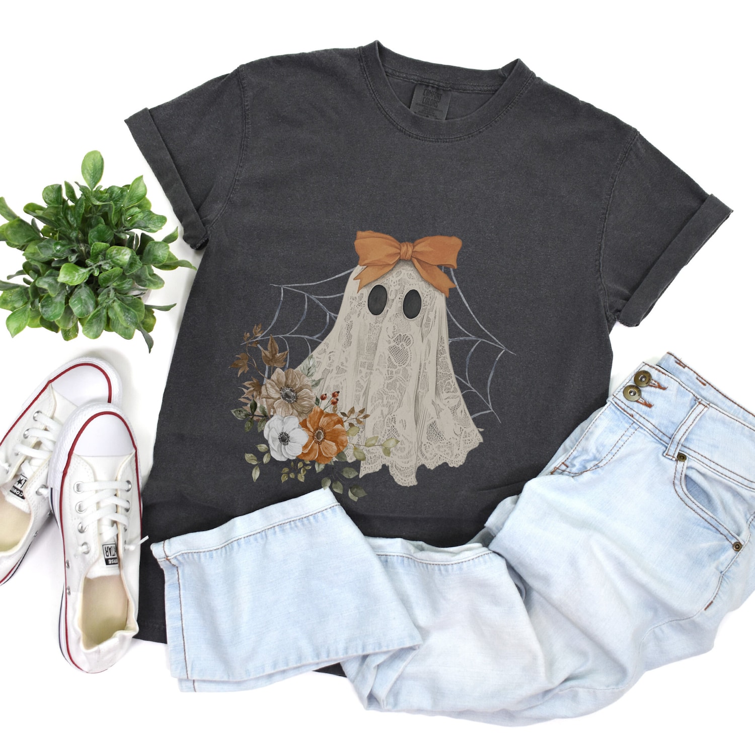 Halloween Lace Ghost T-Shirt | Spooky Coquette Girly Ghost Tee with Orange Bow | Spooky Season Top image 4