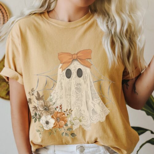 Halloween Lace Ghost T-Shirt | Spooky Coquette Girly Ghost Tee with Orange Bow | Spooky Season Top image 0