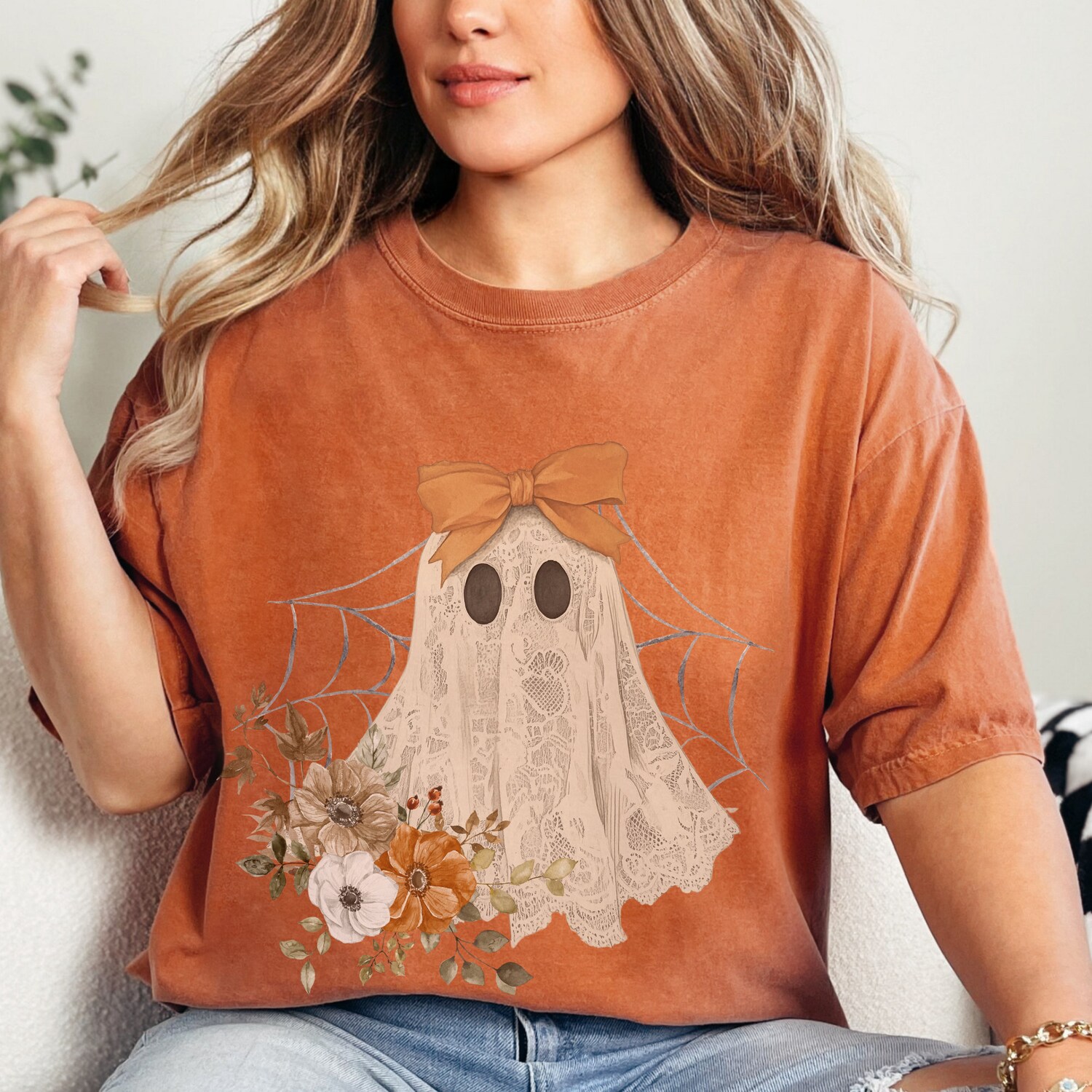 Halloween Lace Ghost T-Shirt | Spooky Coquette Girly Ghost Tee with Orange Bow | Spooky Season Top image 1