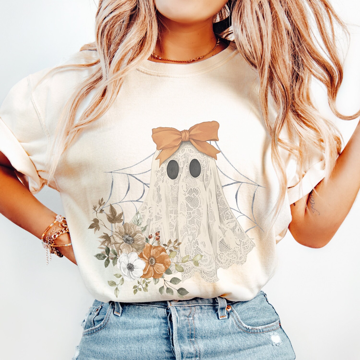 Halloween Lace Ghost T-Shirt | Spooky Coquette Girly Ghost Tee with Orange Bow | Spooky Season Top image 5