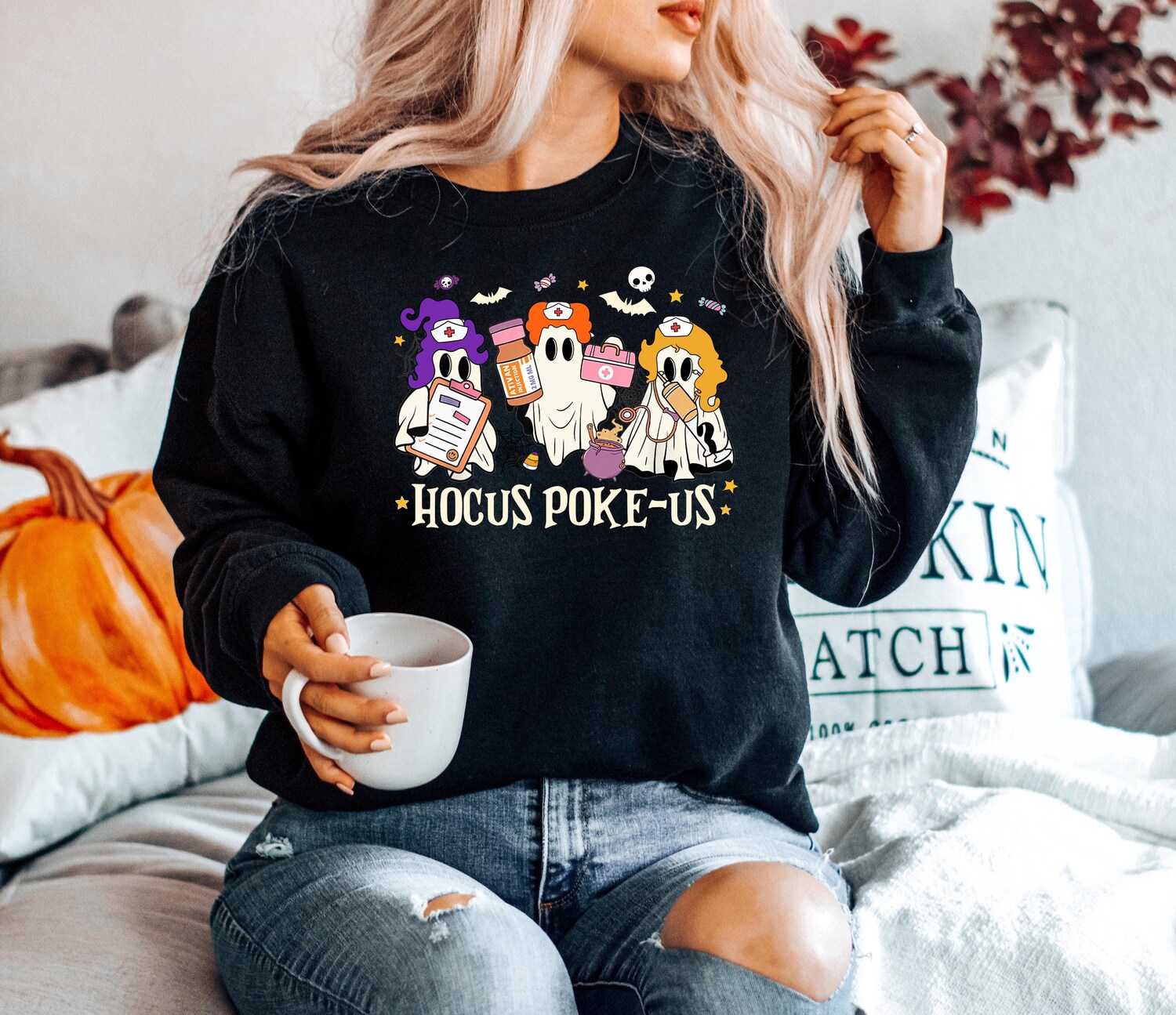 Hocus Poke-us Witch Nurse Halloween Shirt - Medical Lab Tech Spooky ER Crew Tee image 2