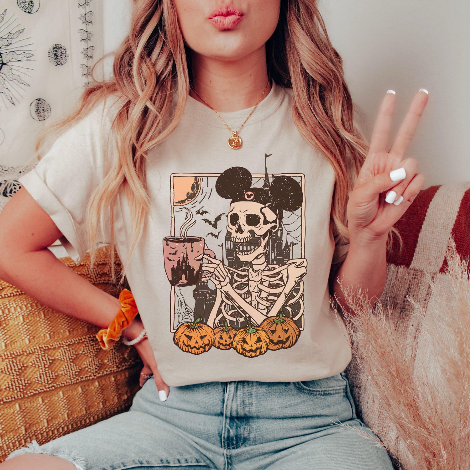 Skeleton Halloween Sweatshirt Mickey Coffee Lovers Shirt Cute Gift for Her Spooky Fall Hoodie image 5