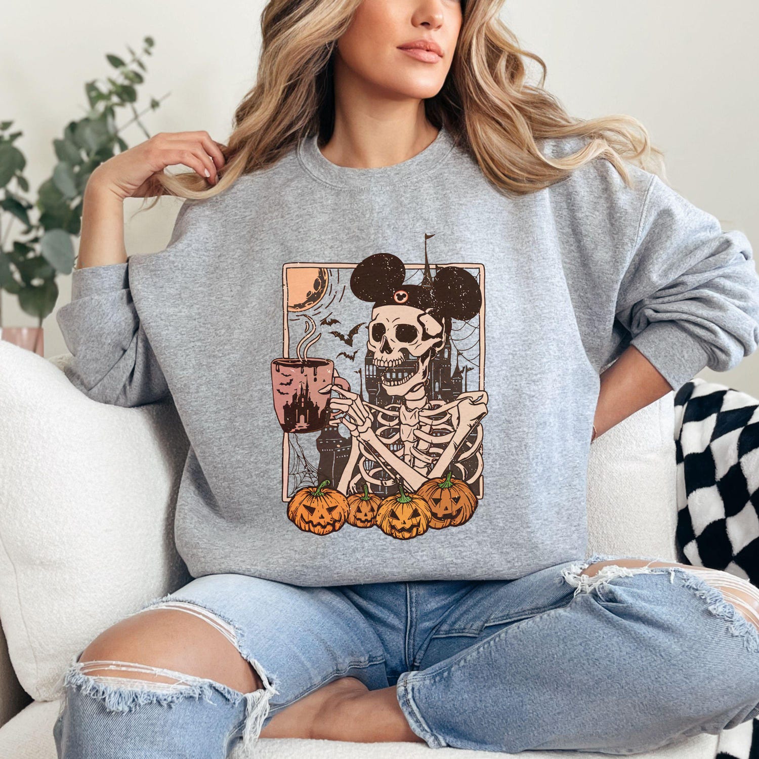 Skeleton Halloween Sweatshirt Mickey Coffee Lovers Shirt Cute Gift for Her Spooky Fall Hoodie image 4