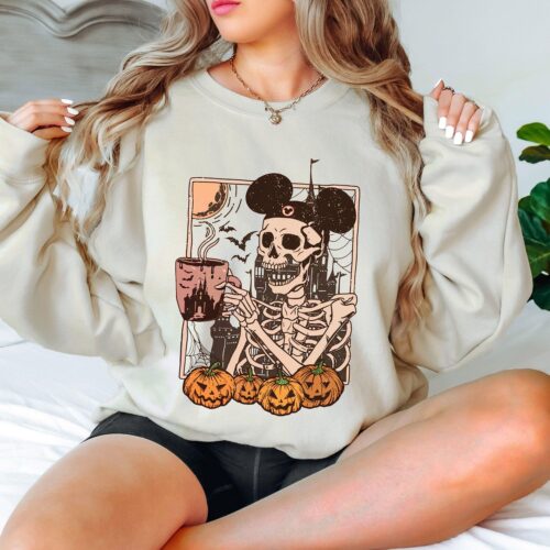 Skeleton Halloween Sweatshirt Mickey Coffee Lovers Shirt Cute Gift for Her Spooky Fall Hoodie image 0