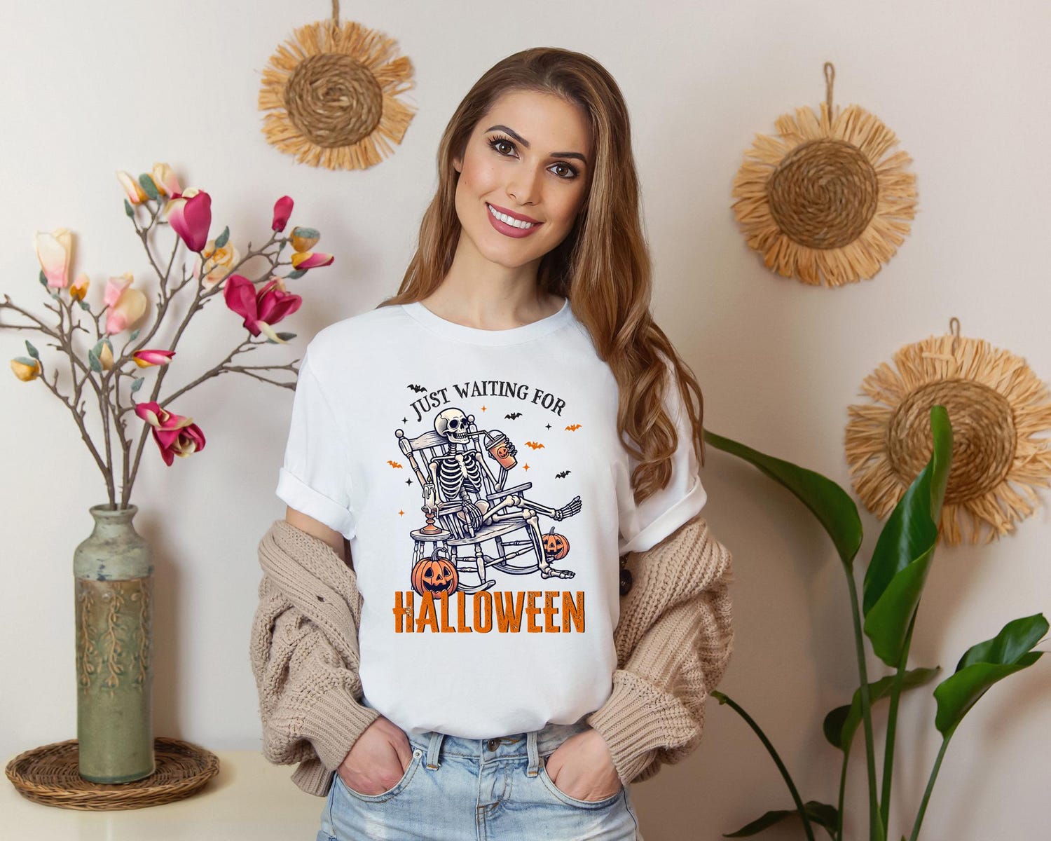 Funny Halloween Skeleton Shirt | Just Waiting For Halloween | Horror Scary Tee image 4