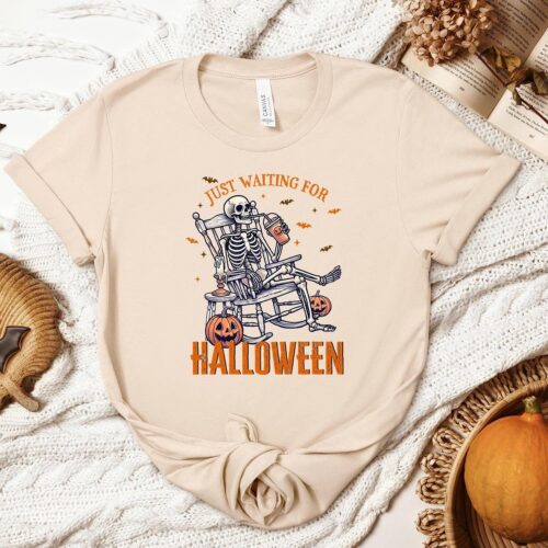 Funny Halloween Skeleton Shirt | Just Waiting For Halloween | Horror Scary Tee image 0