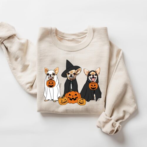 Ghost Chihuahua Halloween Sweatshirt Witch Dog Lover Gift Retro Women's Halloween Shirt image 0