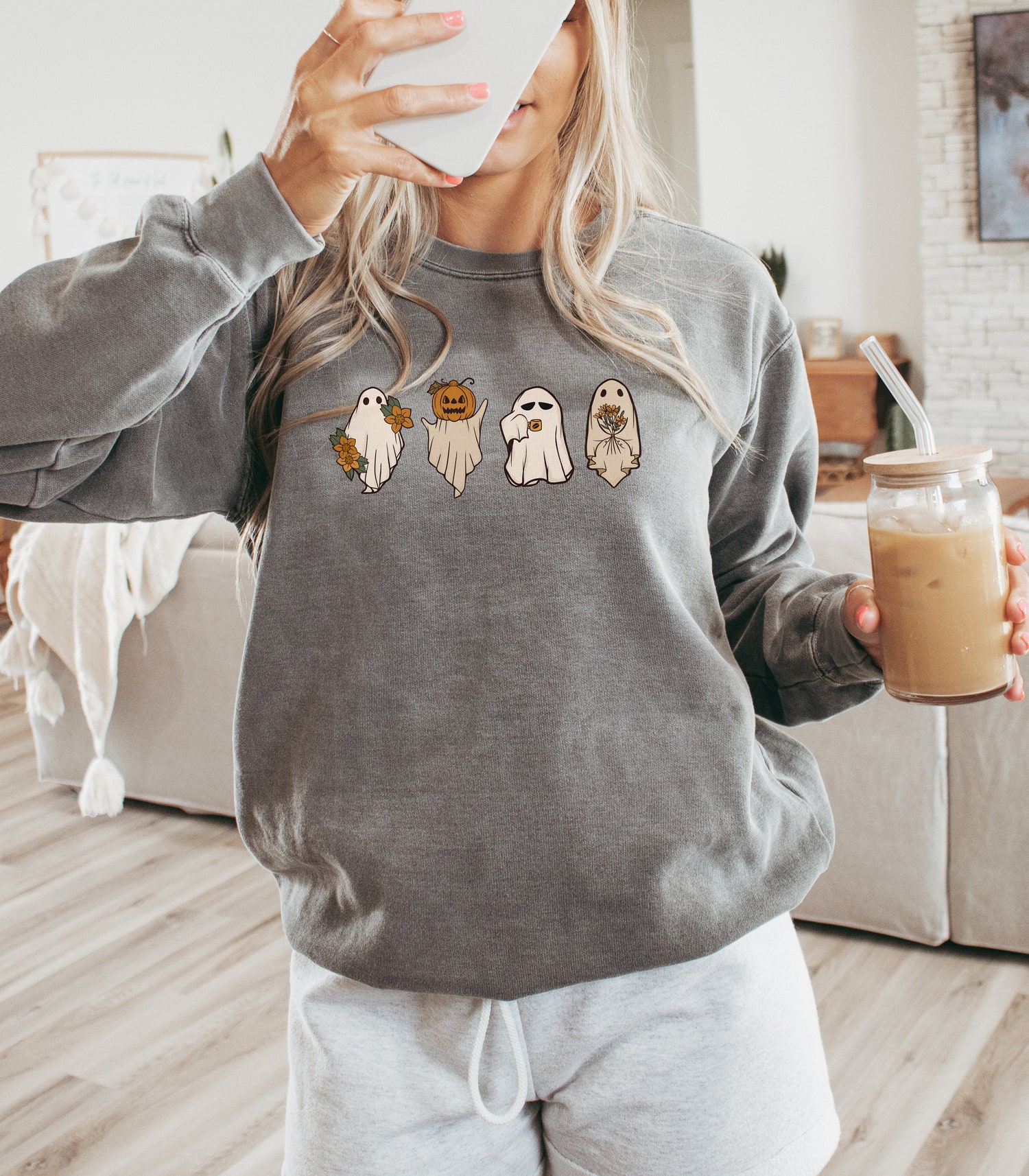 Halloween Cute Ghost Sweatshirt - Funny Pumpkin Spice Shirt - Women's Fall Spooky Season Sweater image 2