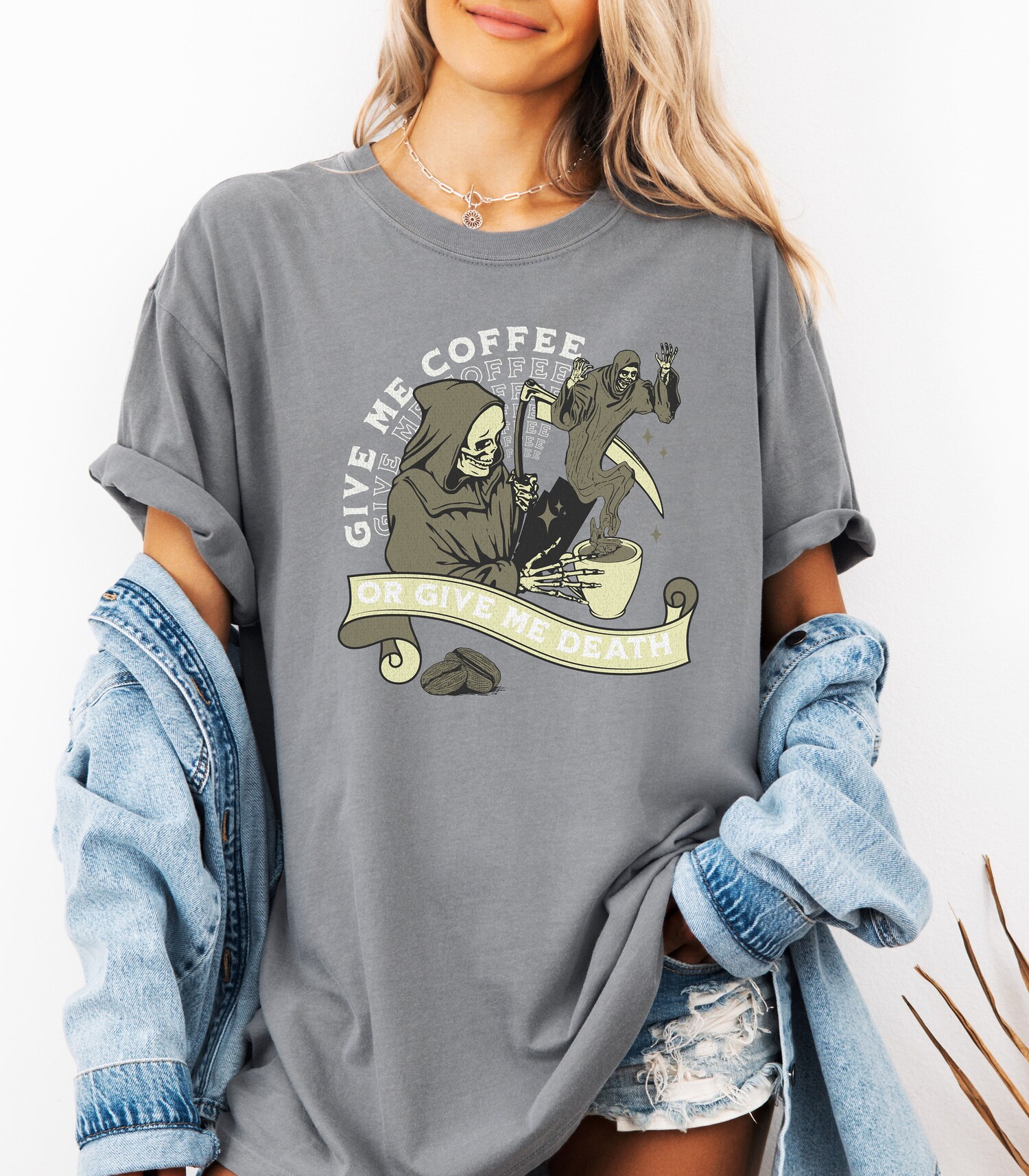 Give Me Coffee or Give Me Death Graphic Tee - Coffee Lover Skull Shirt Gift image 3