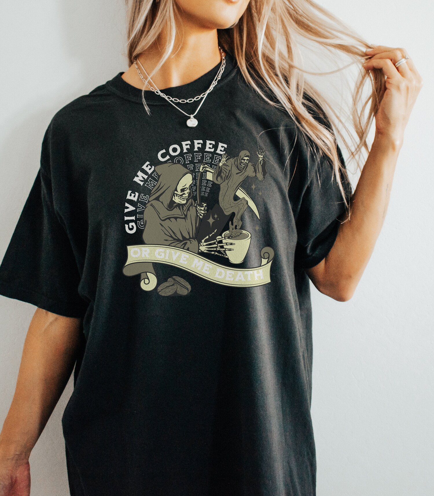 Give Me Coffee or Give Me Death Graphic Tee - Coffee Lover Skull Shirt Gift image 4