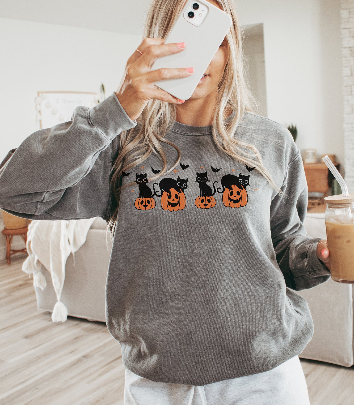 Retro Halloween Cat Ghost Sweatshirt | Spooky Season Black Cat Shirt image 6