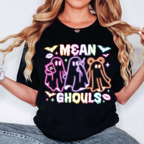 Mean Ghouls Ghost Halloween Neon Retro Shirt | Trendy Spooky Season Girly Ghost Tee image 0