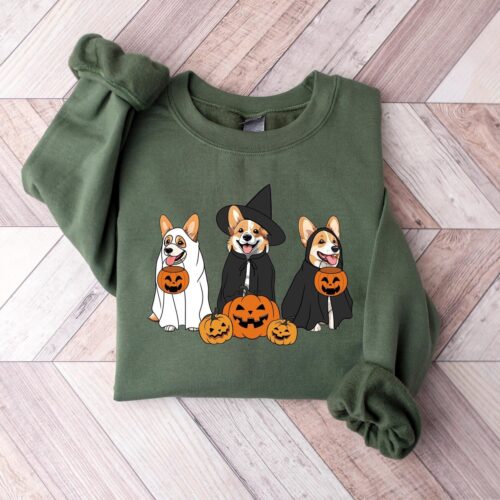 Ghost and Witch Corgi Dog Halloween Sweatshirt Retro Dog Lover Gift Animal Lover Shirt image 0