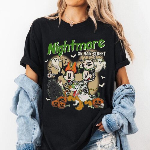 Nightmare On Main Street Mickey Minnie Skeleton Halloween Shirt Couple Halloween Tee image 0