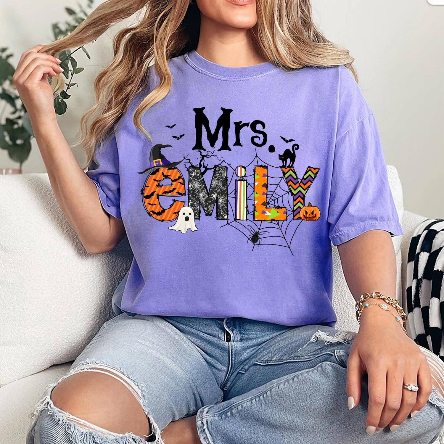 Personalized Cute Halloween Teacher Shirt | Spooky Vibes | Trick or Teach | Custom Name image 4