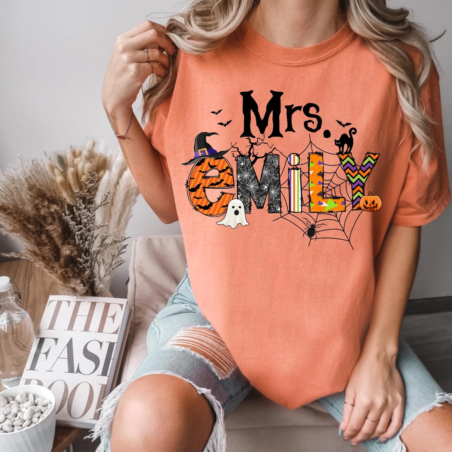 Personalized Cute Halloween Teacher Shirt | Spooky Vibes | Trick or Teach | Custom Name image 1