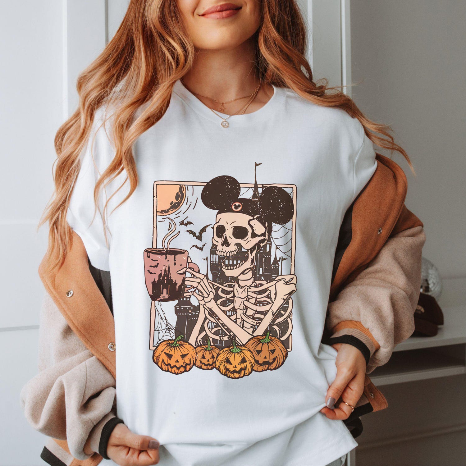 Skeleton Halloween Sweatshirt Mickey Coffee Lovers Shirt Cute Gift for Her Spooky Fall Hoodie image 2