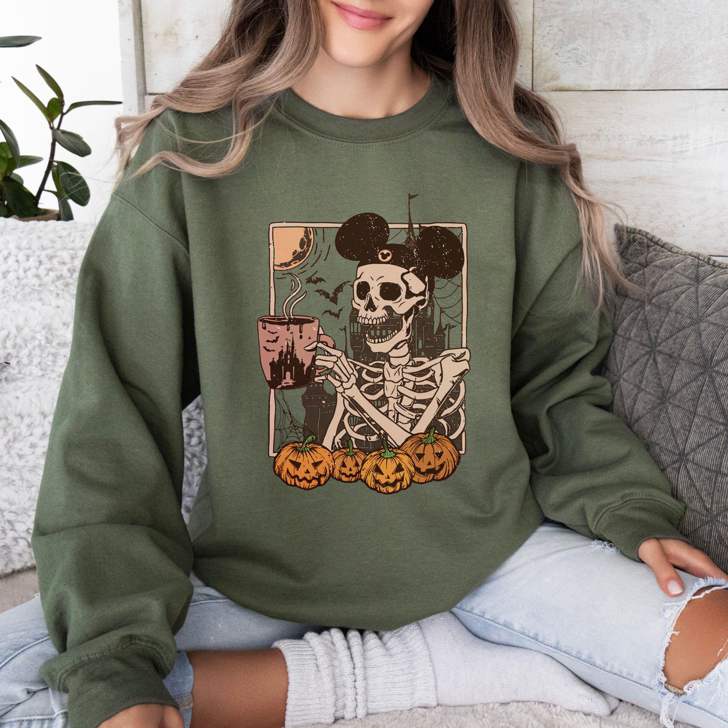 Skeleton Halloween Sweatshirt Mickey Coffee Lovers Shirt Cute Gift for Her Spooky Fall Hoodie image 6